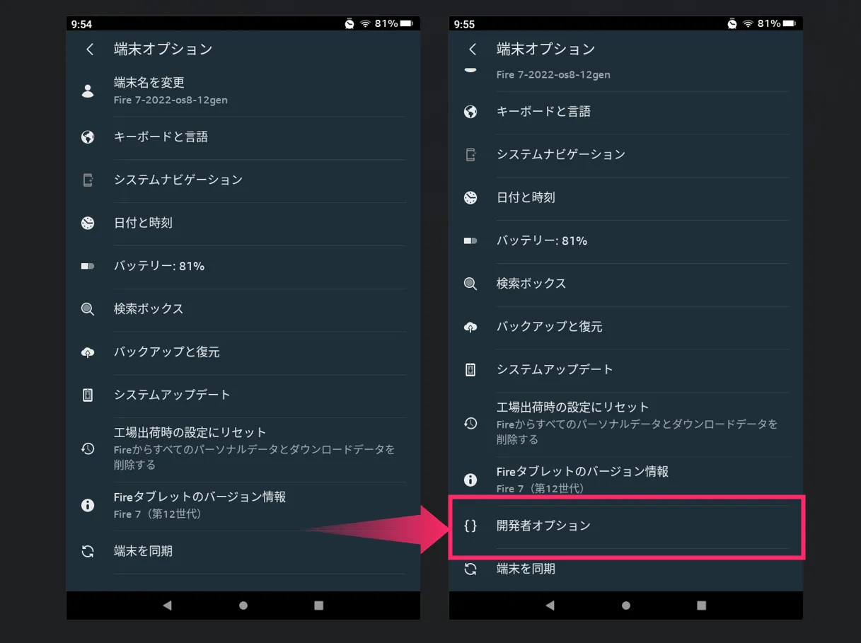 開発者オプションが追加表示されました