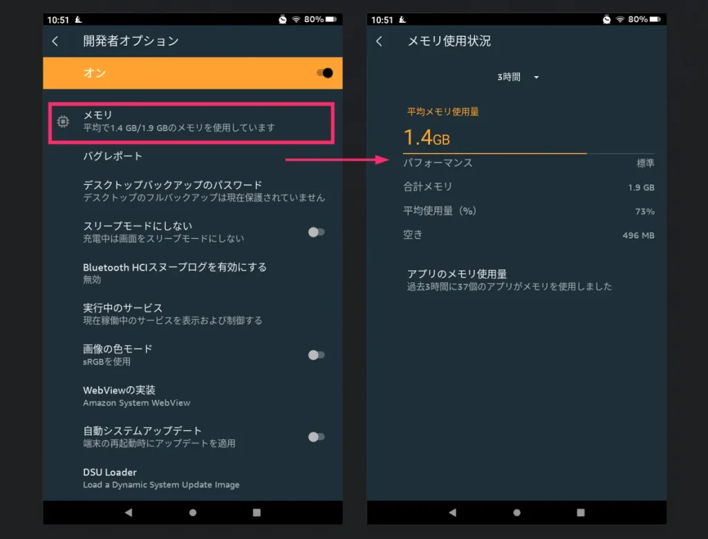 開発者オプションから端末の使用メモリ量を確認できる